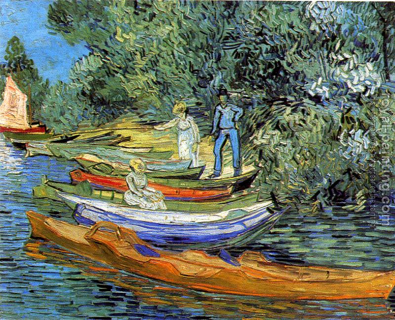 Vincent Van Gogh : Riverbank with Rowboats and Three Figures